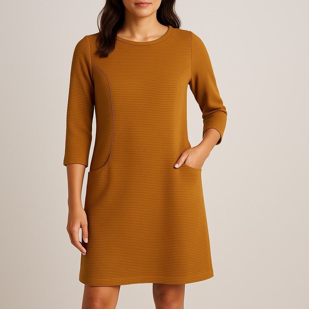 Boden Mustard Gold Textured Cotton Shift Dress 8 Sleeves Mod Style Pockets